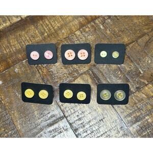 Handmade Earrings Made of Vintage Buttons, 6 Pairs Yellow And Pink